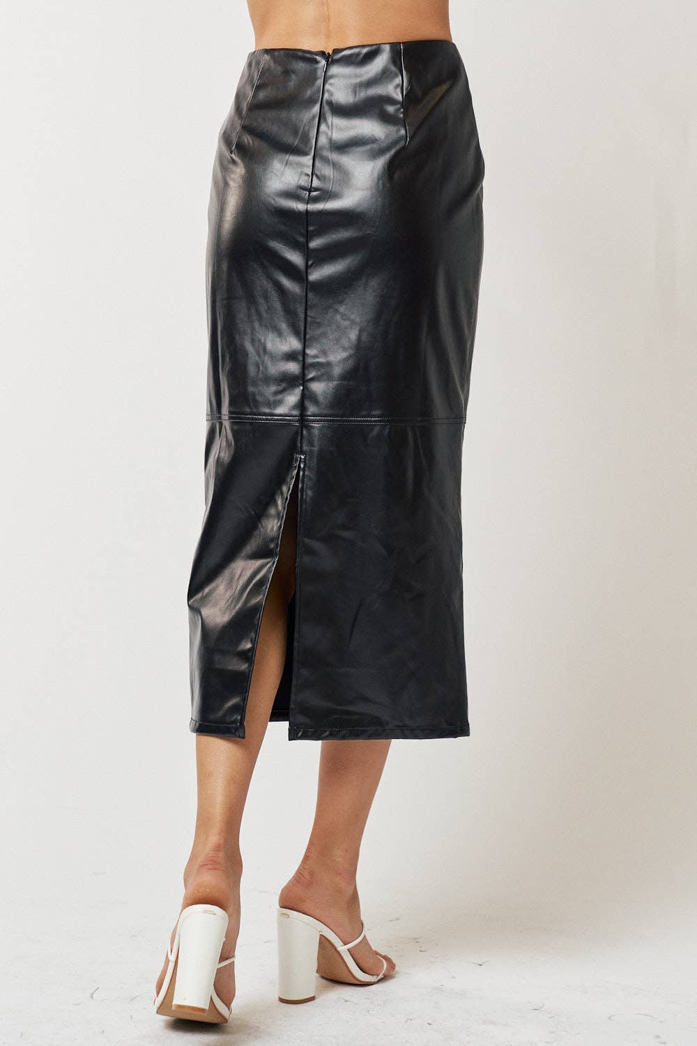 Black High Waist Leather Midi Skirt