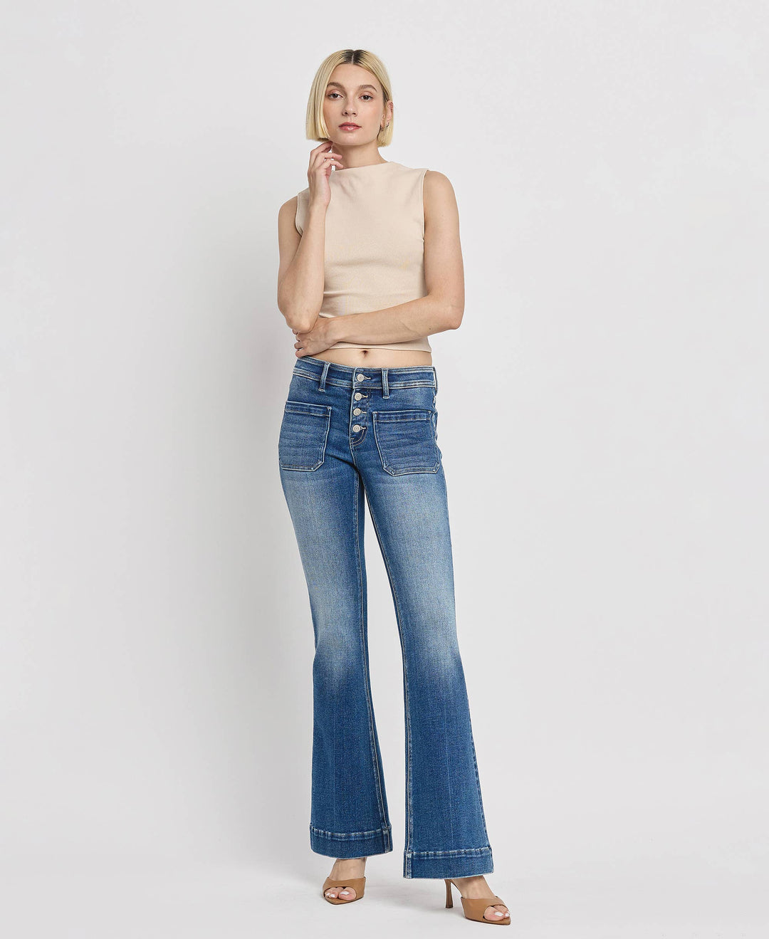 Mid Rise Patch Pocket  Flare Jean