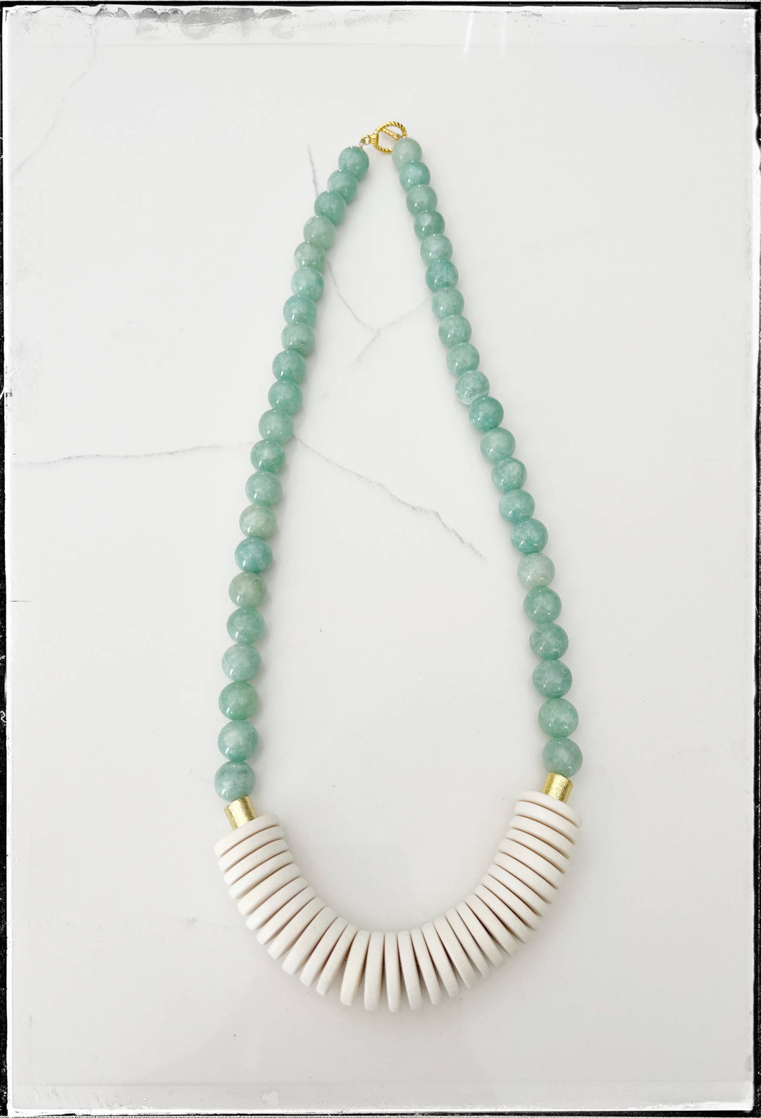 Gemstone Jade Bead Necklace Coconut Wood Mint Green