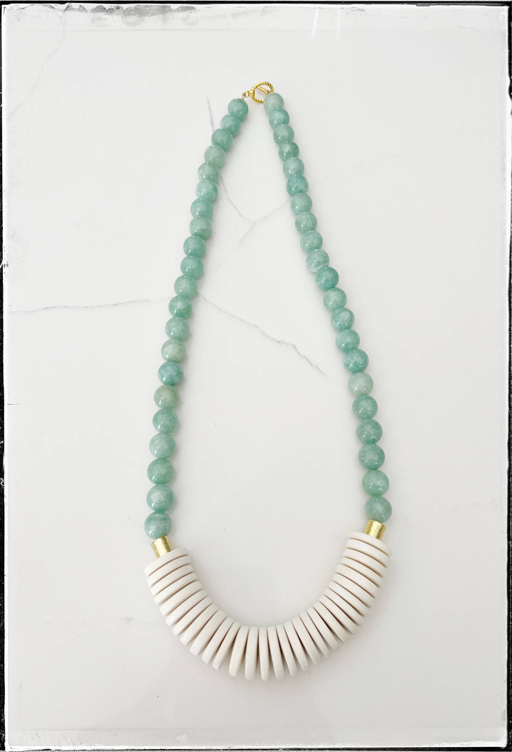 Gemstone Jade Bead Necklace Coconut Wood Mint Green