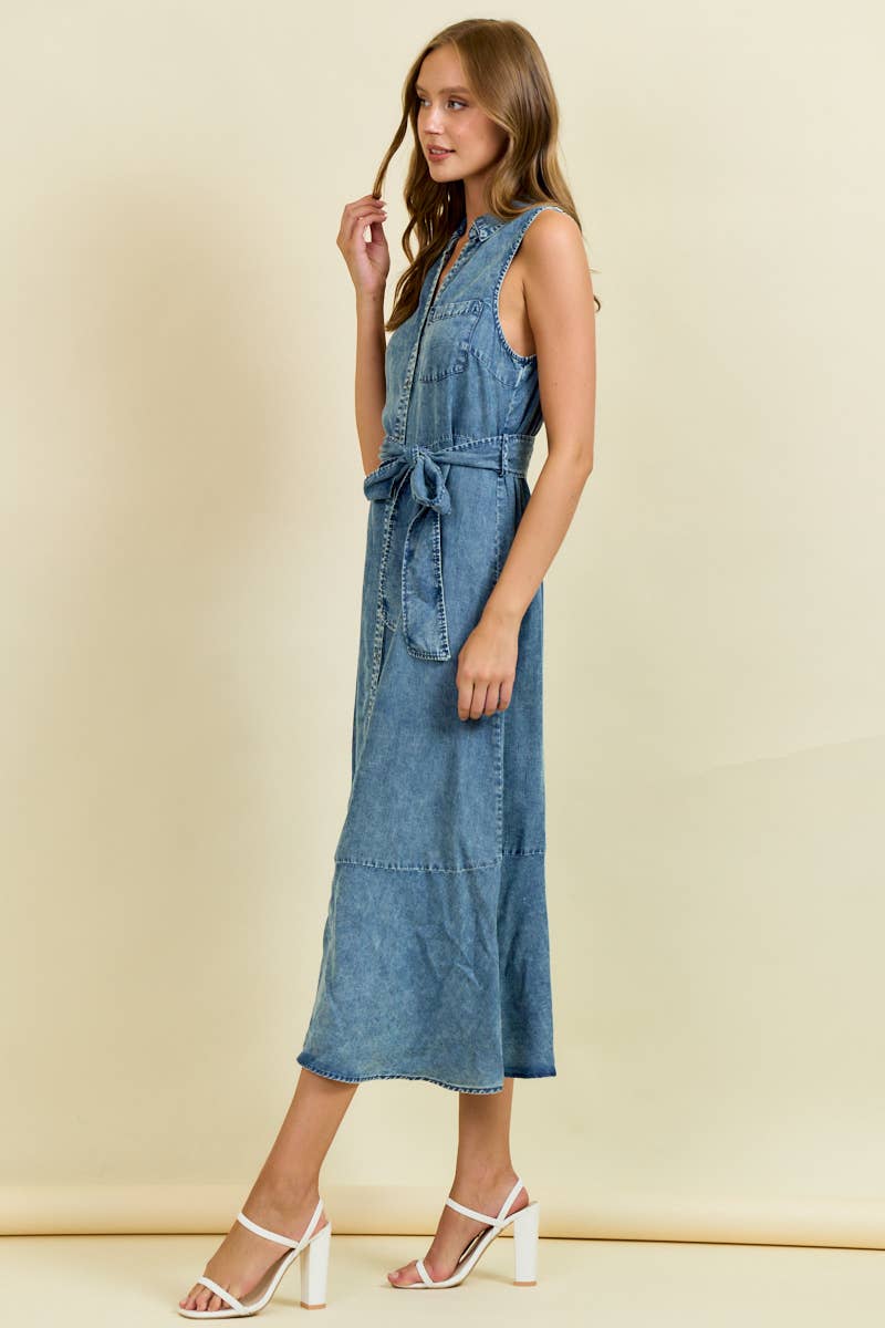 Denim Look Midi Dress with Tie Belt