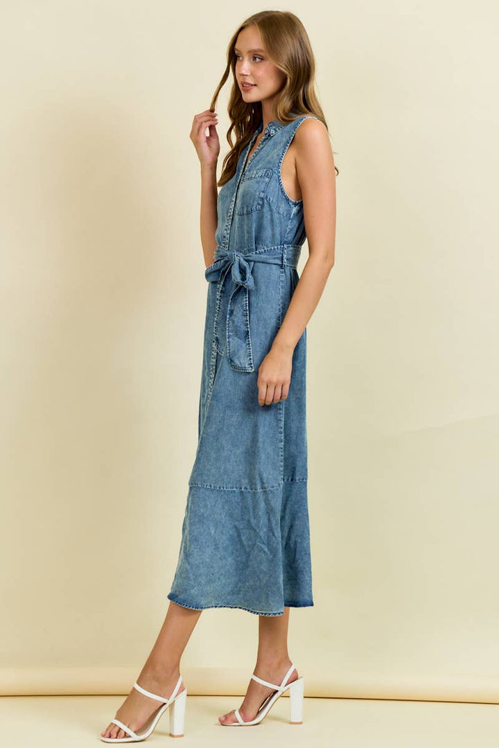 Denim Look Midi Dress with Tie Belt