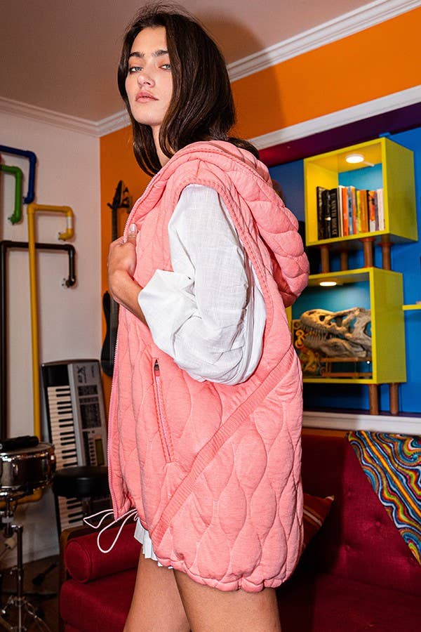 Quilted Hooded Zip-Up Vest Coral
