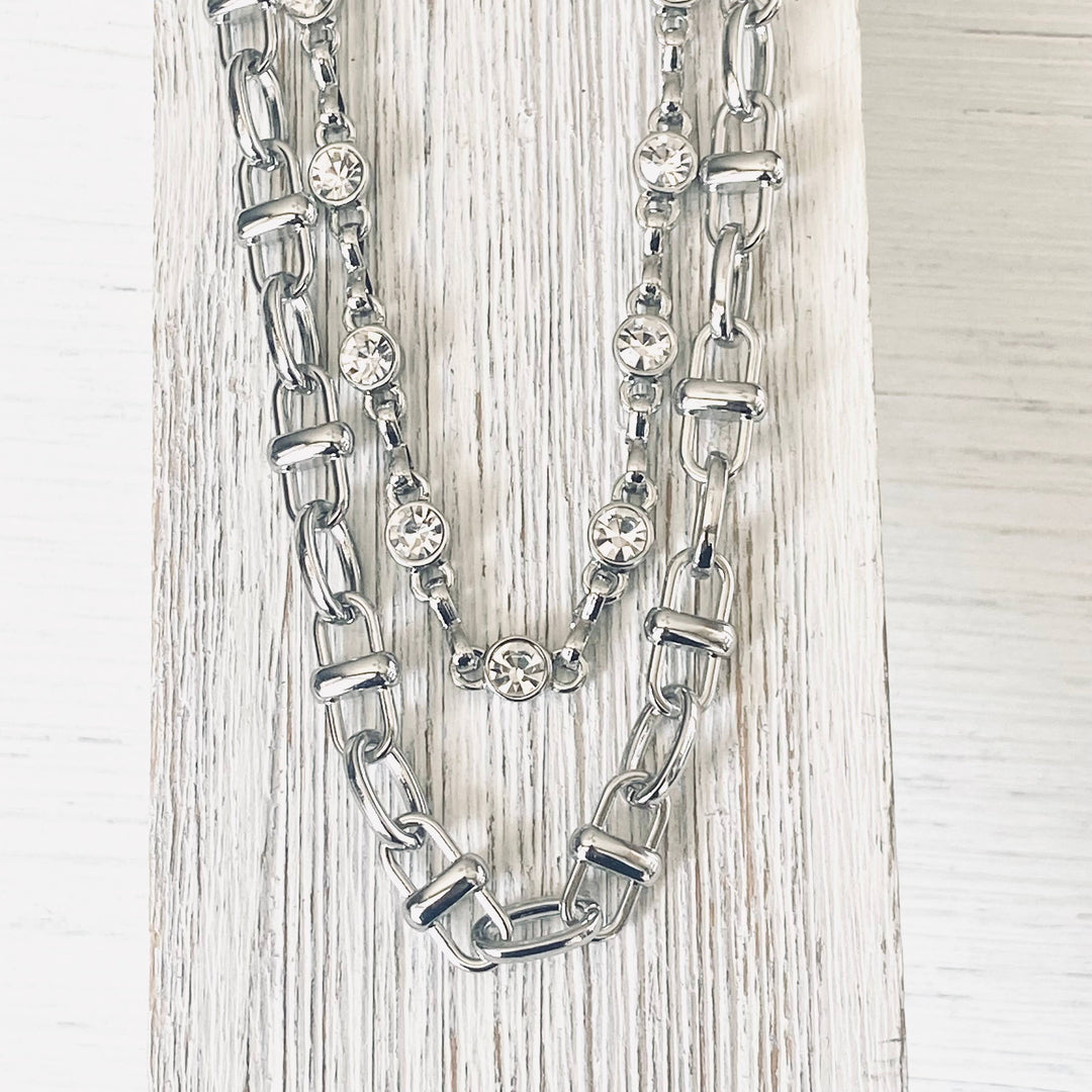 Equestrian linked chain layering crystal necklaces 