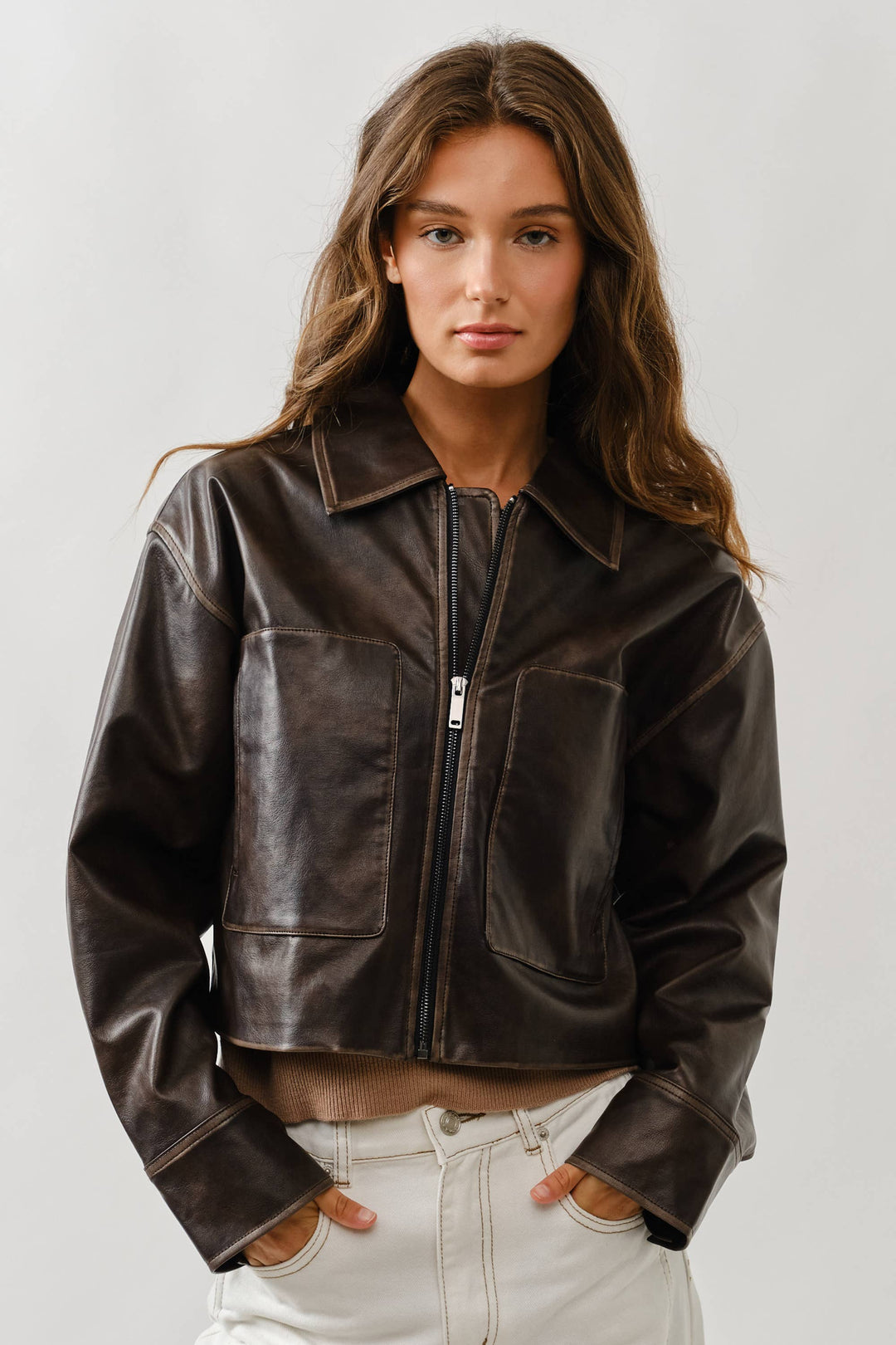 Brown Vintage Washed Leather Jacket-1 LEFT