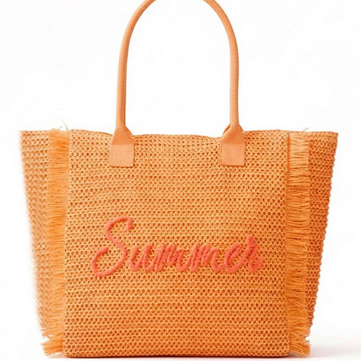 Woven Straw Fringe Tote With Summer Embroidery