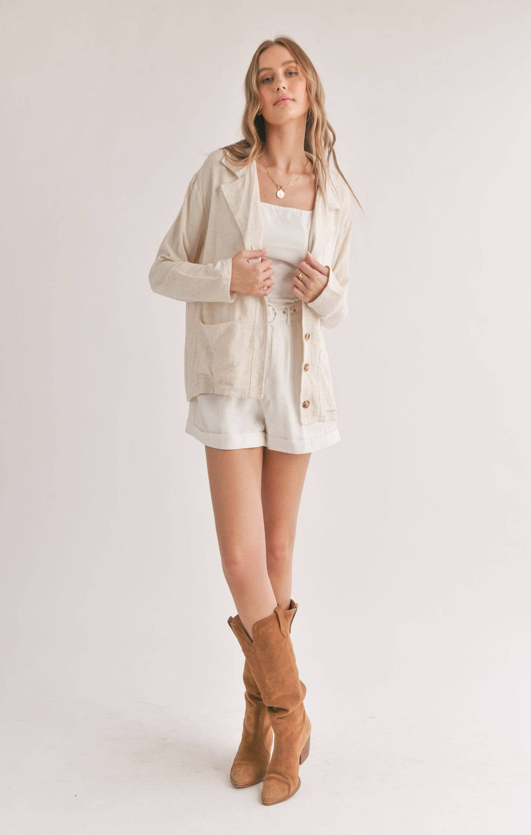 Linen Blend Jacket With Pockets: OATMEAL