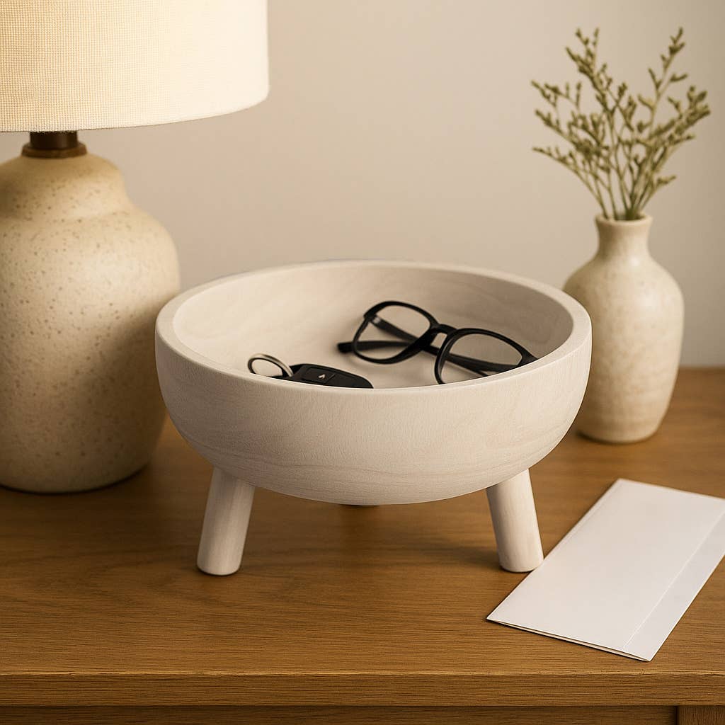 Decorative Bowl - White Wood Rustic with Tripod Legs