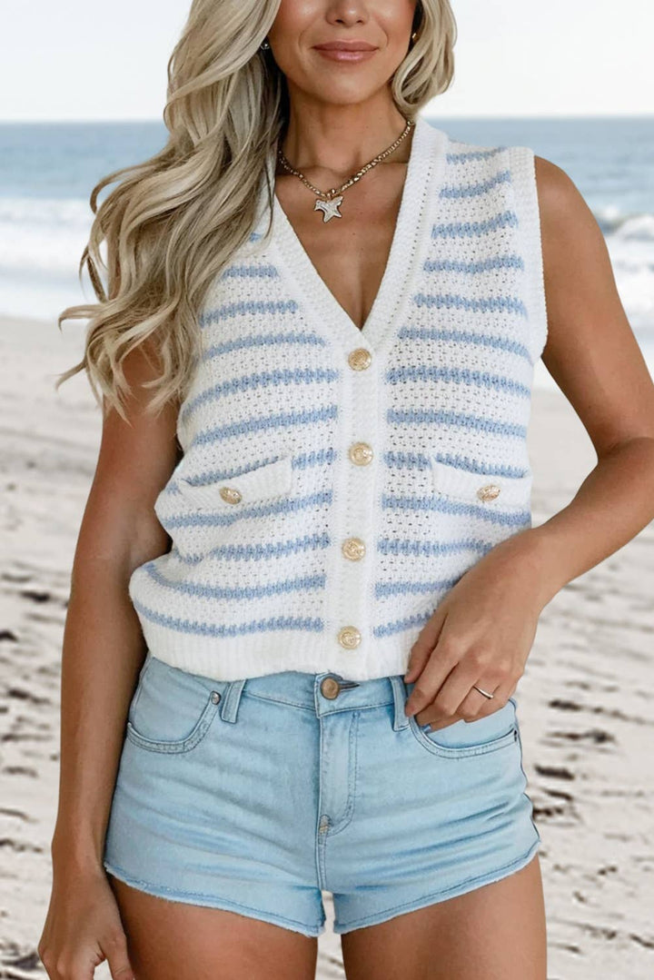 Striped V Neck Gold Button Sweater Vest