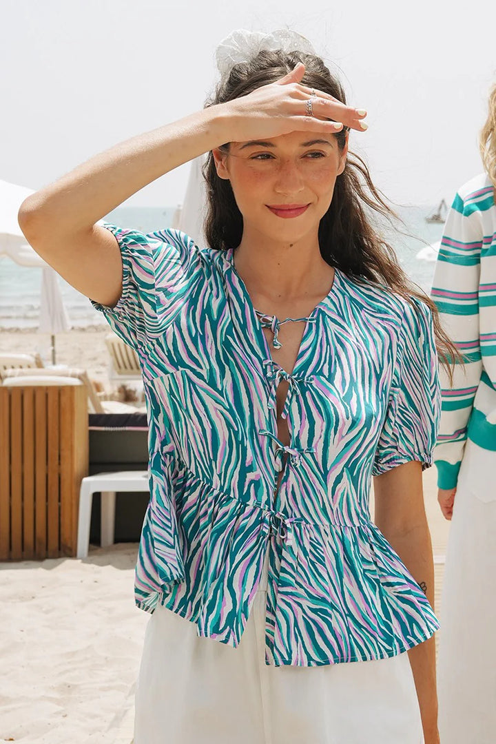 Green pink front tie top summer tops