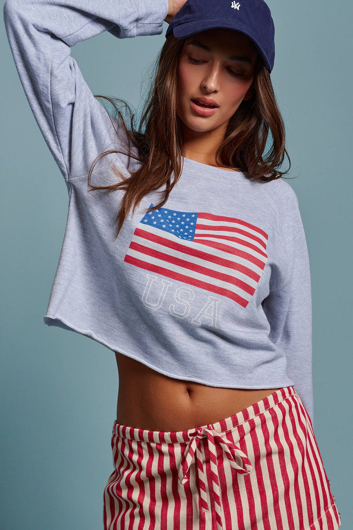 grey usa crop sweatshirt with flag