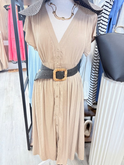 Sand Short Sleeved V Neck Dress