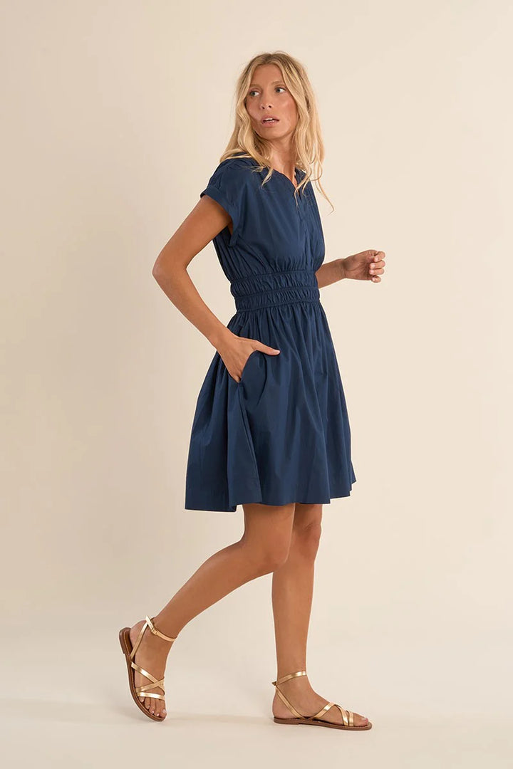 Navy Dress V Neck Cotton