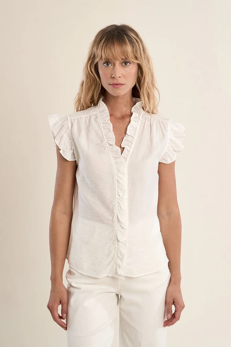 White Ruffle V-Neck Blouse
