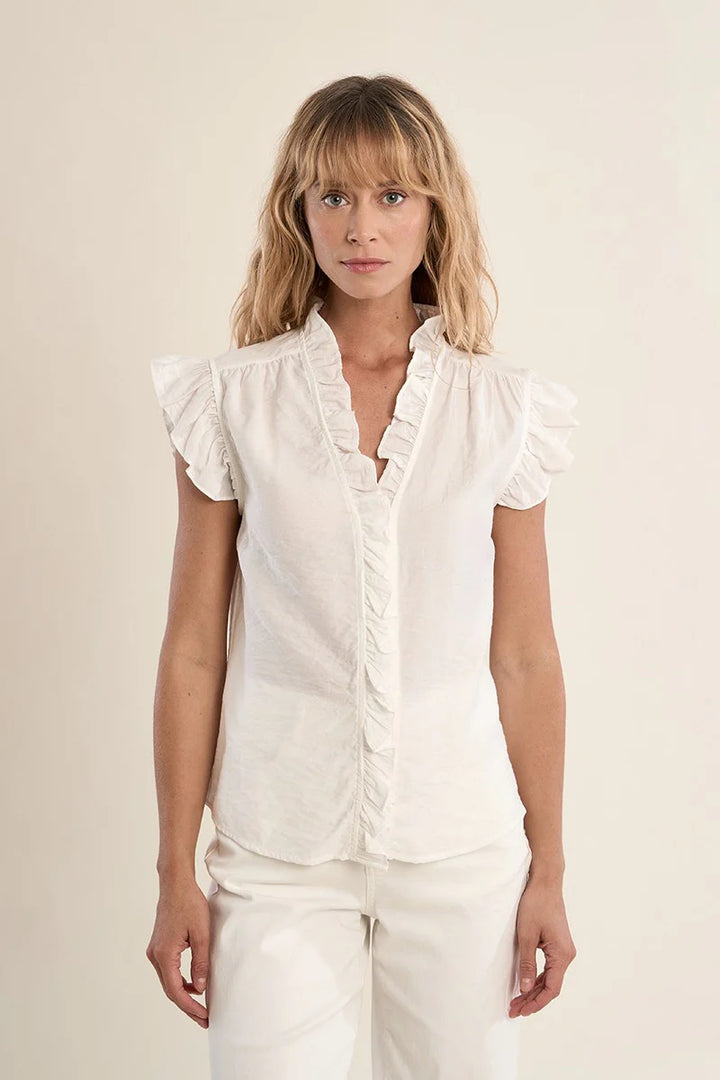 White Ruffle V-Neck Blouse