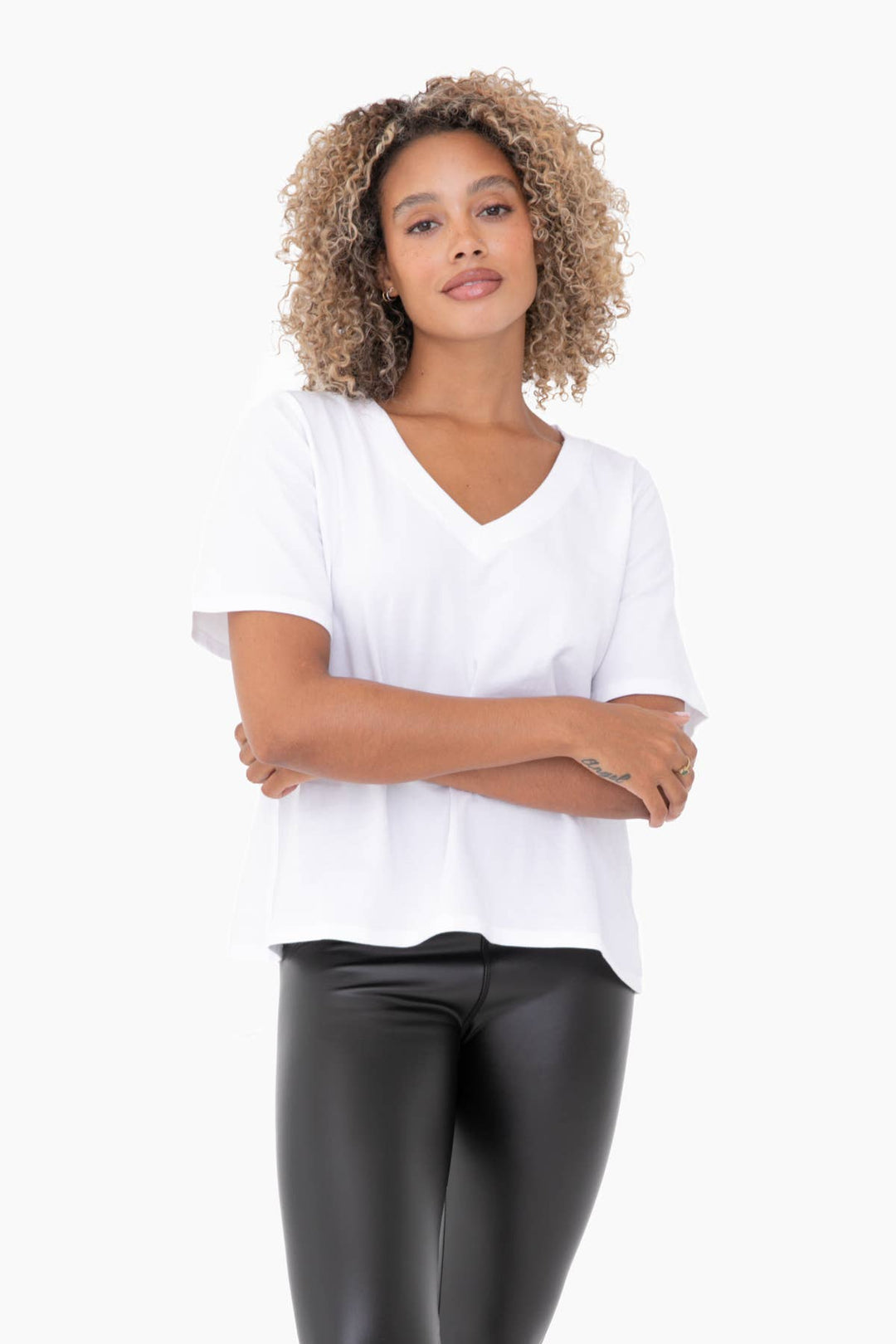 Cotton Blend V-Neck Tee: White