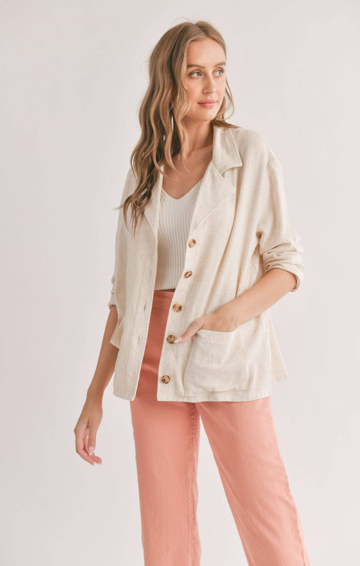 Linen Blend Jacket With Pockets: OATMEAL